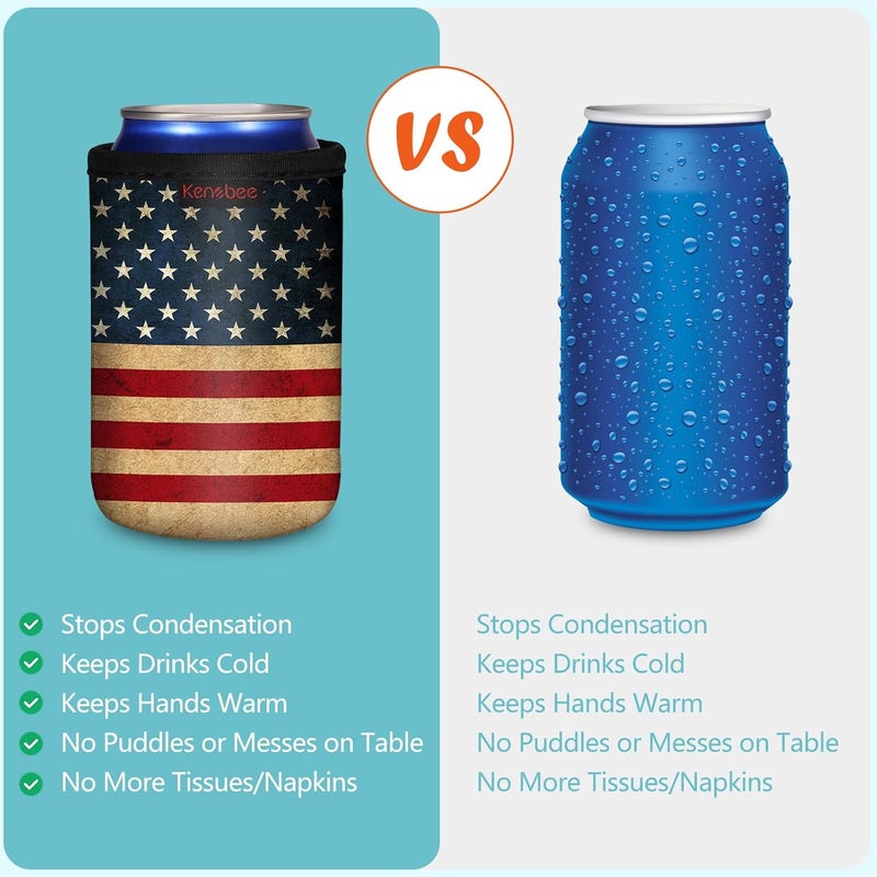 KENOBEE 3 Pack Can Cooler Sleeves for 12oz 16oz Can & 12oz Slim Can, Soft Insulated Reusable Non-Slip Neoprene Can Cooler Drink Caddies Holder Covers for Beer, Soda, Energy Drinks, US FLAG - Image 4